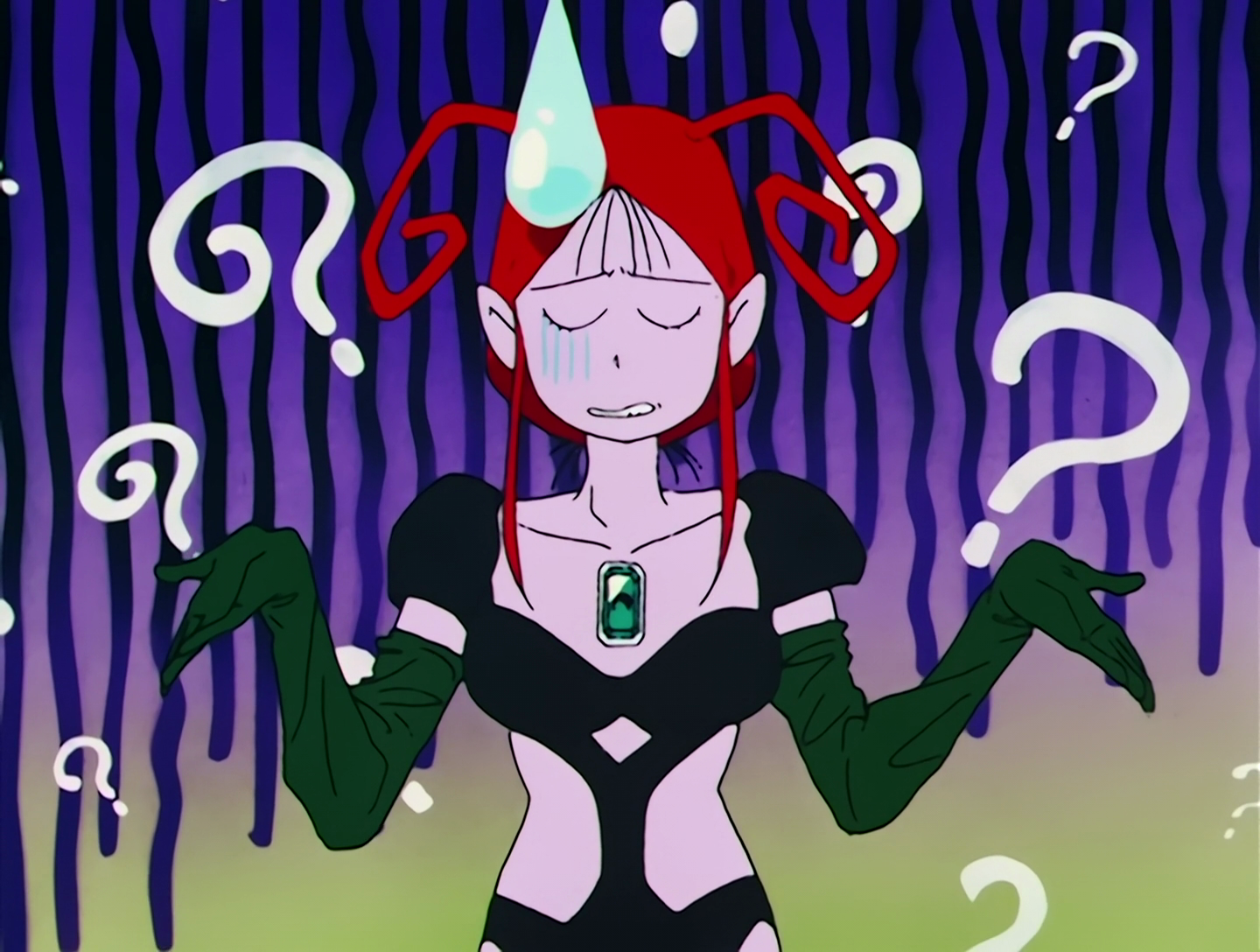 Giwaku, a Droid from Sailor Moon episode 80. She has pink skin and red hair, with two curled antennae sprouting from her head. She wears a black outfit and has a green gem in her chest. She’s shrugging and surrounded by question marks.